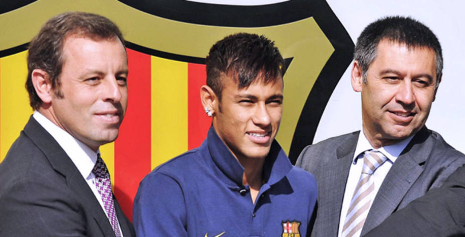 Rosell, Neymar y Bartomeu, en la presentación del fichaje del jugador brasileño por el Barcelona.
