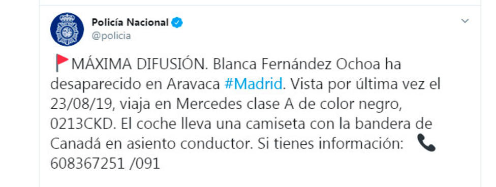 Tweet de la policía para encontrar a Blanca Fernández Ochoa