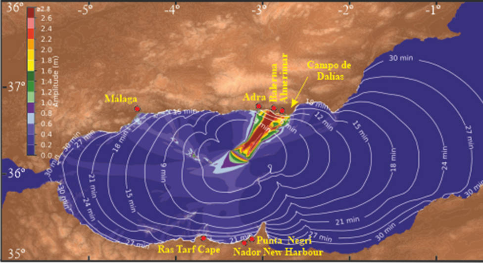 Modelo de propagación del tsunami y áreas del litoral del Mar de Alborán que se verían afectadas