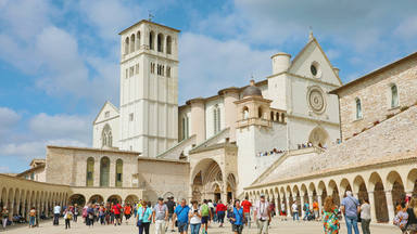ASSISI, ITALY - SEPTEMBER 28, 2019: pilgrims visits the Basilica of Saint Francis of Assisi, Italy.