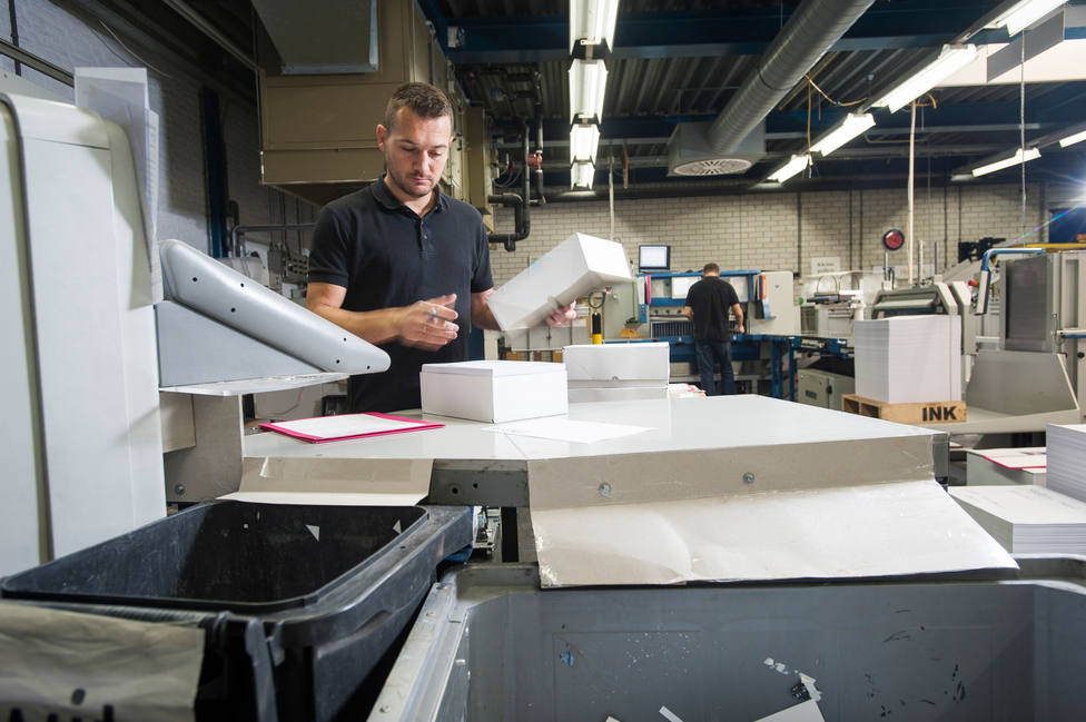 Worker preparing paper for machine in print workshop