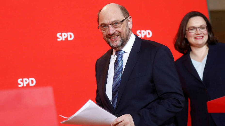 Social Democratic Party (SPD) leader Schulz and incoming party leader Nahles arrive to a news conference at the party headquarters in Berlin