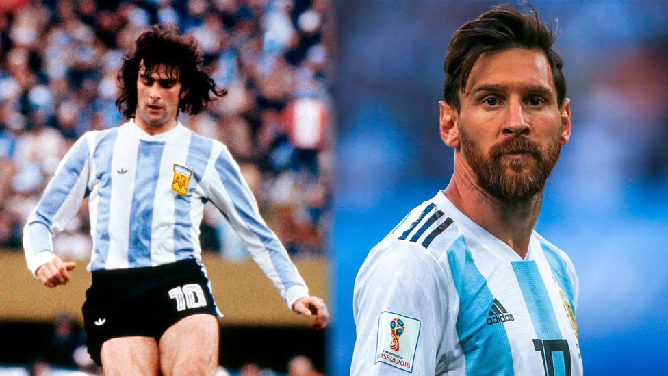 Mario Alberto Kempes y Leo Messi, con la camiseta de Argentina