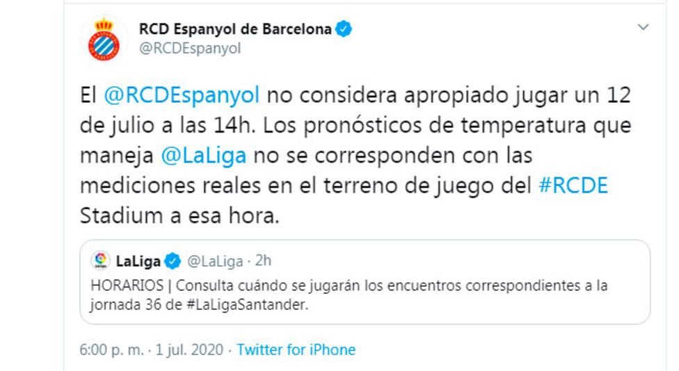 El Espanyol ve inapropiado jugar el 12 de julio a las 14.00 horas