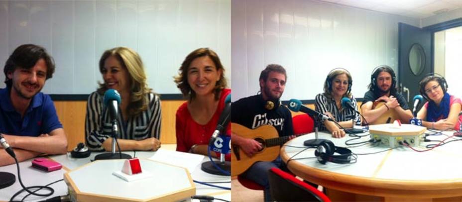 Izquierda: Ángel Arias, Mayka Jiménez y Piedad García. Derecha: Mayka Jiménez y Raquel Gallego con Toms Cabin