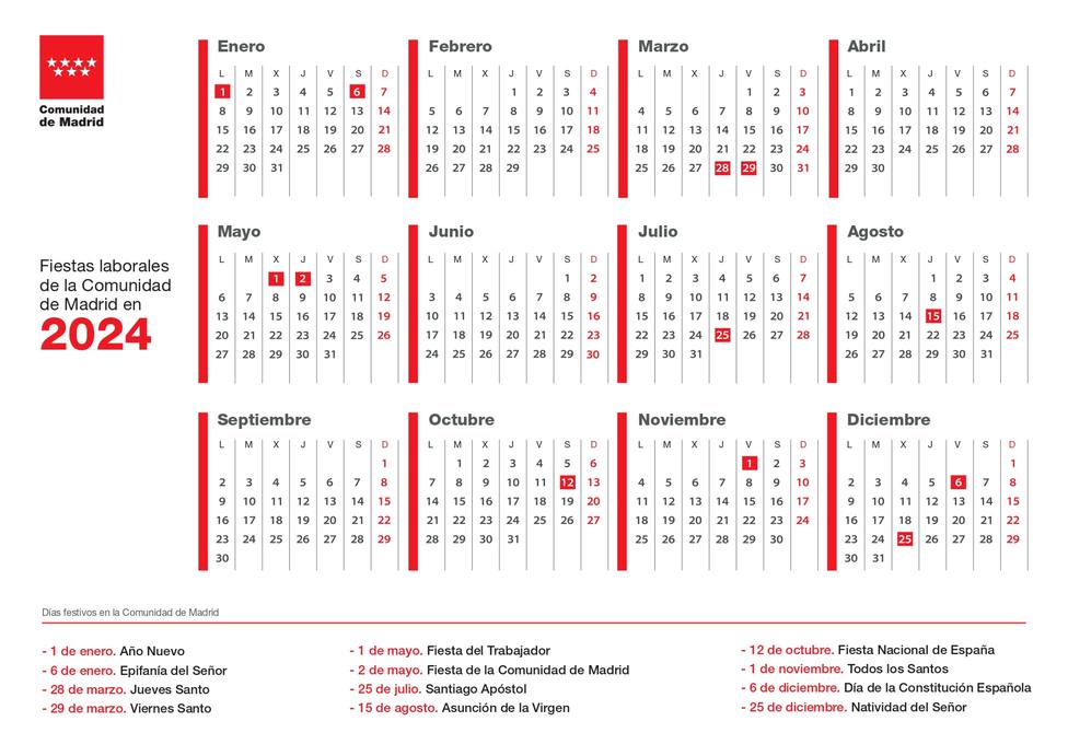 Nuevo calendario laboral Comunidad de Madrid 2024 Festivos