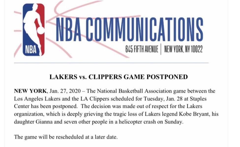 Se pospone el partido entre Lakers y Clippers de mañana por el fallecimiento de Kobe Bryant