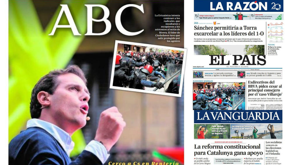 El acoso de los radicales vascos al acto de Ciudadanos en Rentería, portada en la prensa