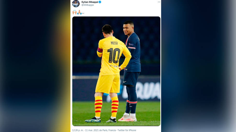 Fotografía de Mbappé junto a Messi que aparece en un tuit del delantero del PSG