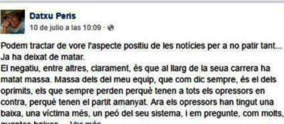Mensaje publicado en Facebook de Datxu Peris, concejal de Guanyar Catarroja