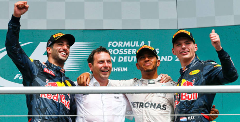Podio del GP de Alemania: Ricciardo (2º), Hamilton (1º) y Verstappen (3º). Reuters.