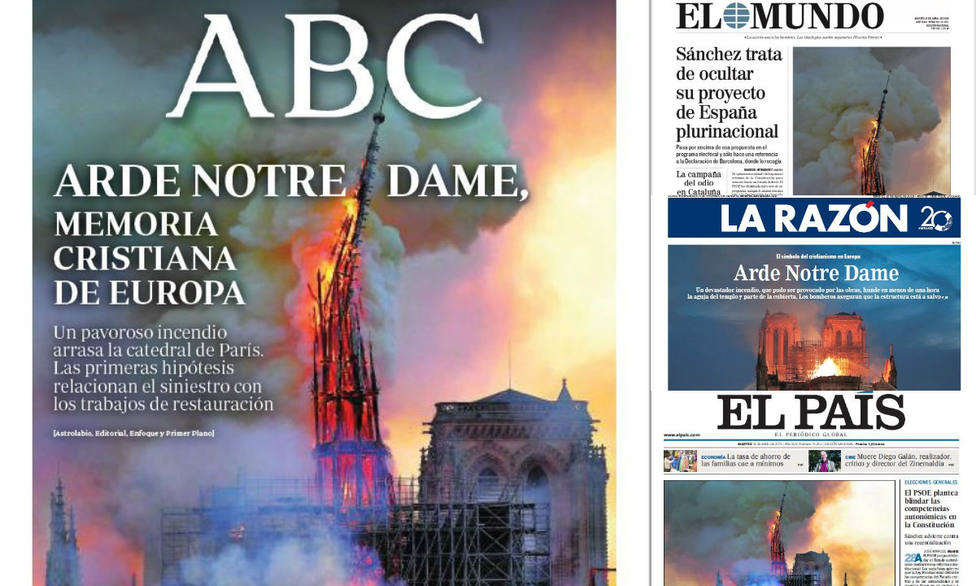 El dolor y la devastación por el incendio en Notre Dame, portada en la prensa