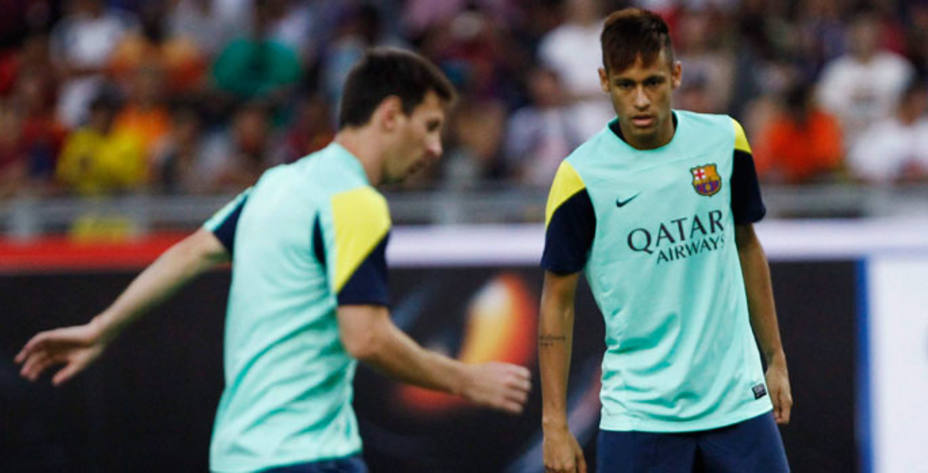 Messi y Neymar juntos entrenando. Reuters.