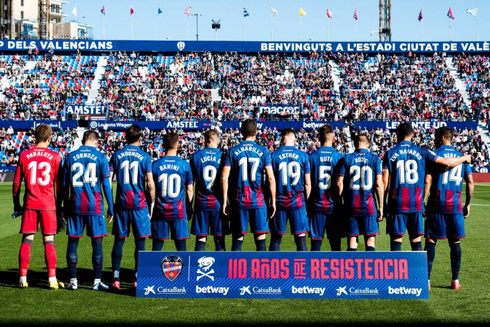 Los jugadores del Levante UD mostrando los nombres del equipo femenino
