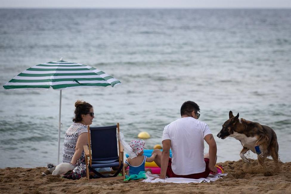Una familia con su perro en la playa