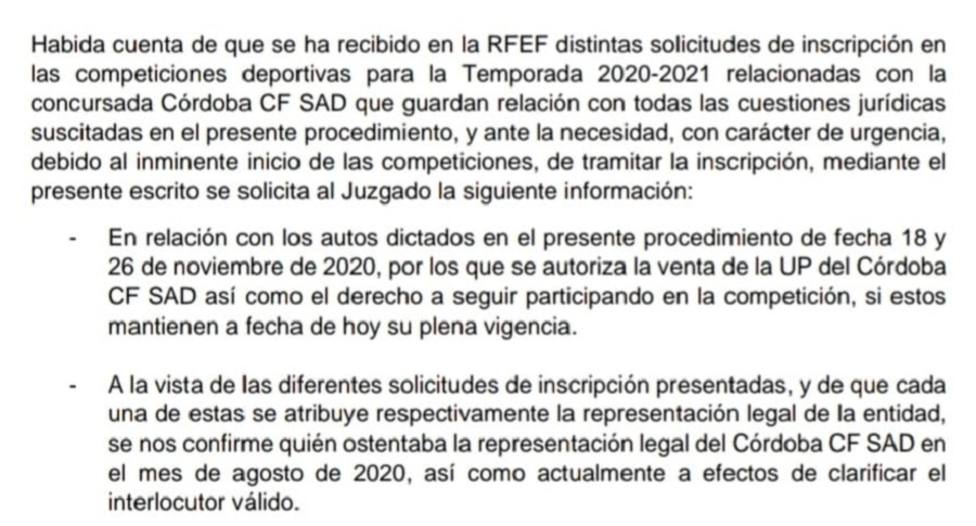 La RFEF solicita información a Mercantil para inscribir a un Córdoba de manera urgente y provisional