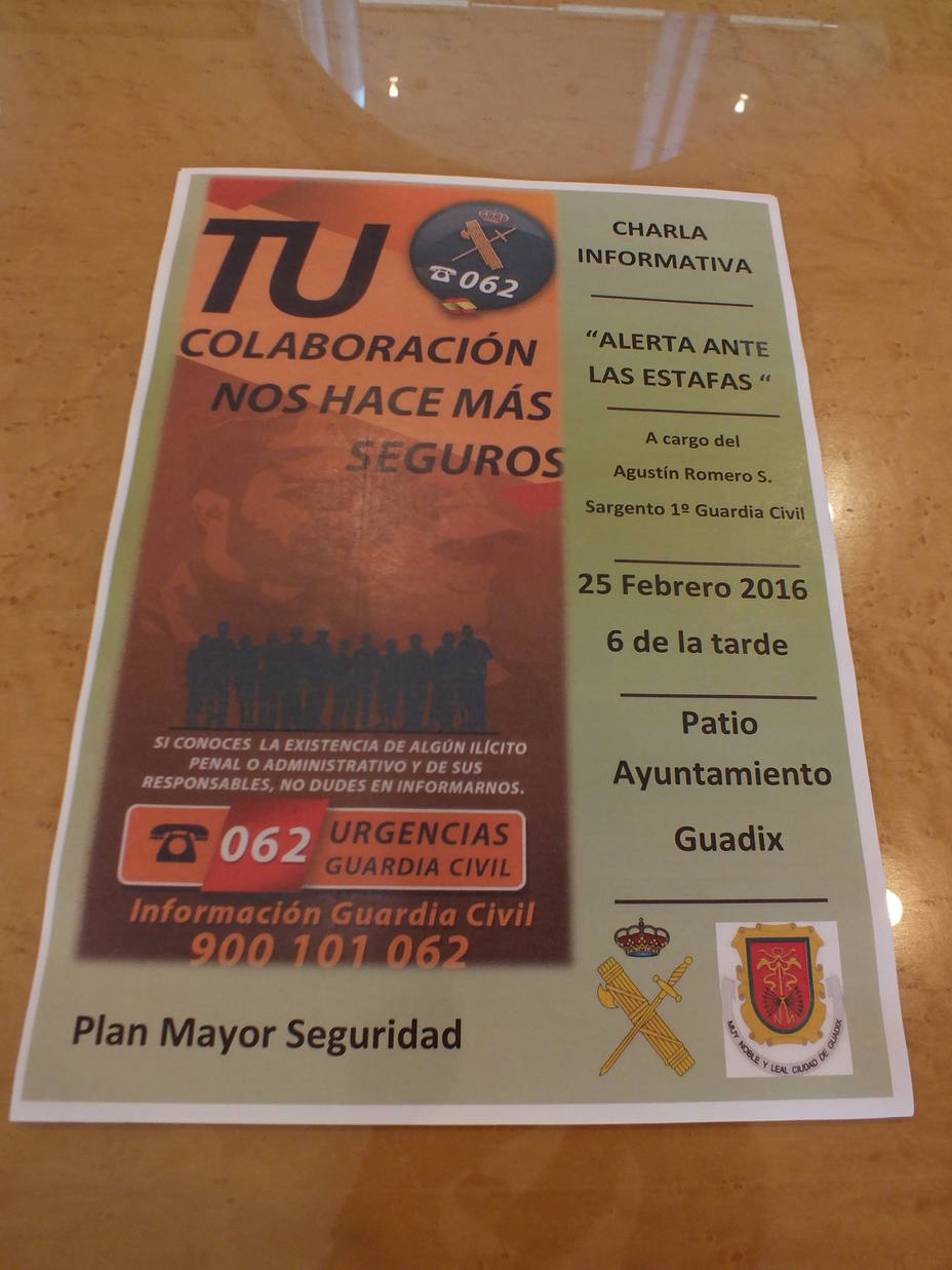 Ayuntamiento y Guardia Civil invitan a participar este jueves en la charla sobre estafas especialmente dirigida a los mayores