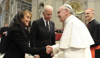 U.S. Vice President Joe Biden and his sister Owens are greeted by Pope Francis in Saint Peters Basilica after his inauguration at the Vatican