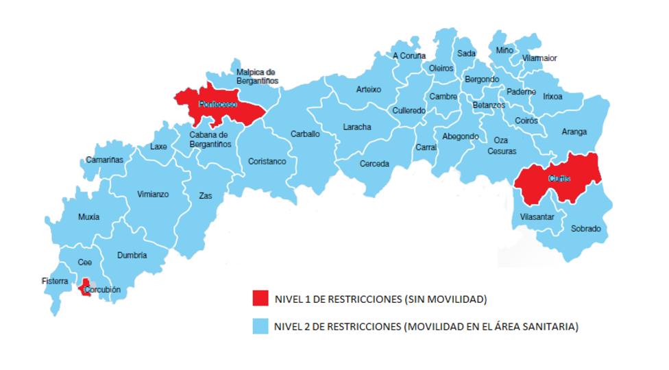 Mapa de niveles y movilidad en el Area Sanitaria A Coruña-Cee desde el viernes, 26 de febrero