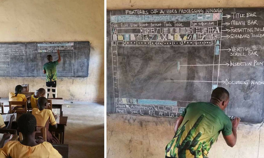 Un profesor africano enseña cómo utilizar Word en una pizarra al no tener ordenadores en la escuela