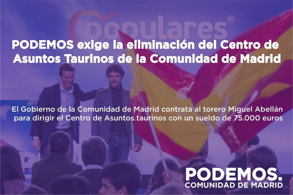 Podemos pide el cierre del Centro de Asuntos Taurinos de Madrid, un chiringuito del PP auspiciado por Cs