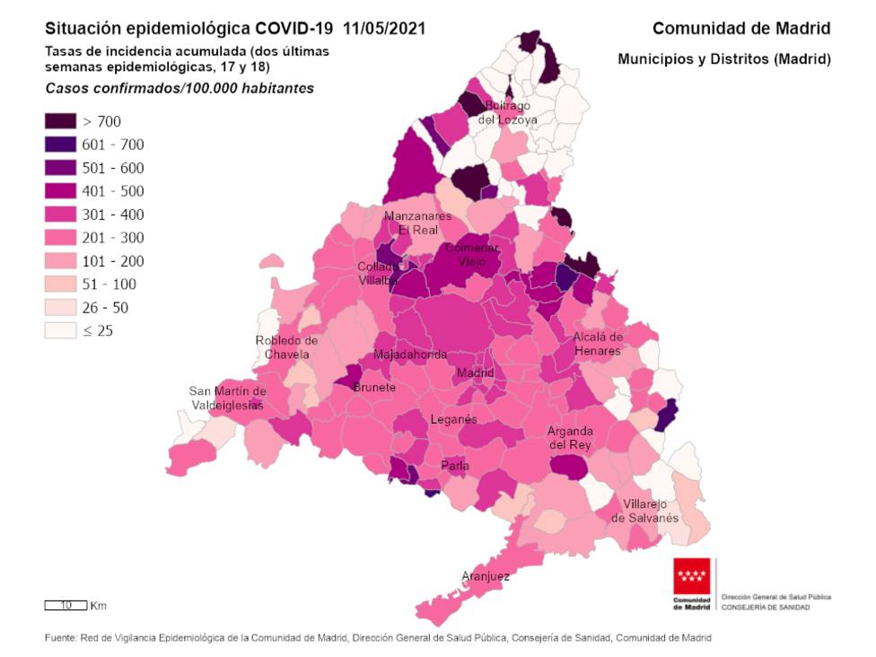 Mapa de incidencia acumulada por COVID 19 a 11 de mayo