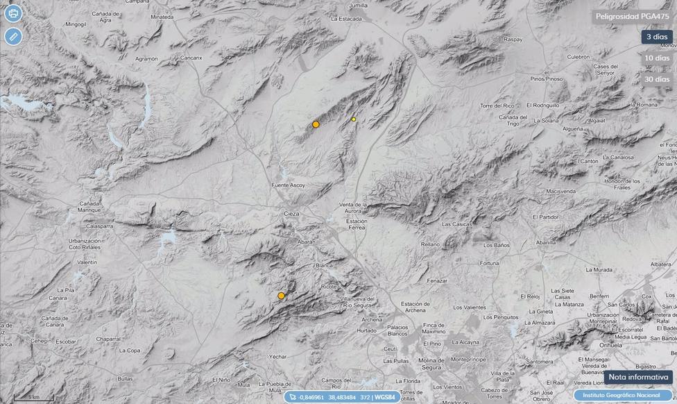 Mapa que muestra la localizaciÃ³n exacta de los tres terremotos