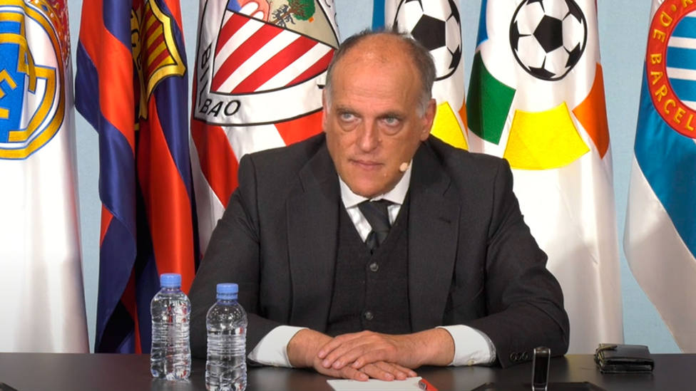 Javier Tebas, presidente de LaLiga, en una comparecencia telemática con los clubes