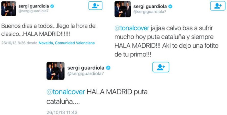 Capturas de los tuits que han provocado que Sergi Guardiola acabe, horas después, fuera del Barcelona