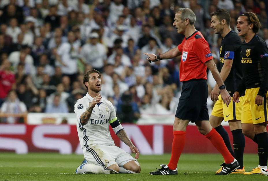 Real Madrids Sergio Ramos gestures to referee Martin Atkinson