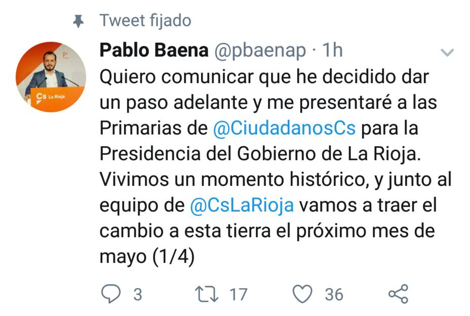 Baena anuncia que se presenta a las primarias de Cs para la presidencia del Gobierno riojano