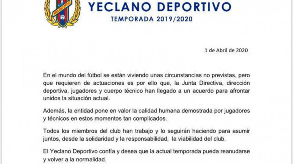 El Yeclano Deportivo llega a un acuerdo con su plantilla para la rebaja de los salarios