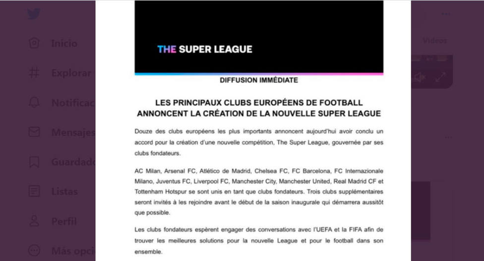 Comunicado oficial de la nueva Superliga Europea