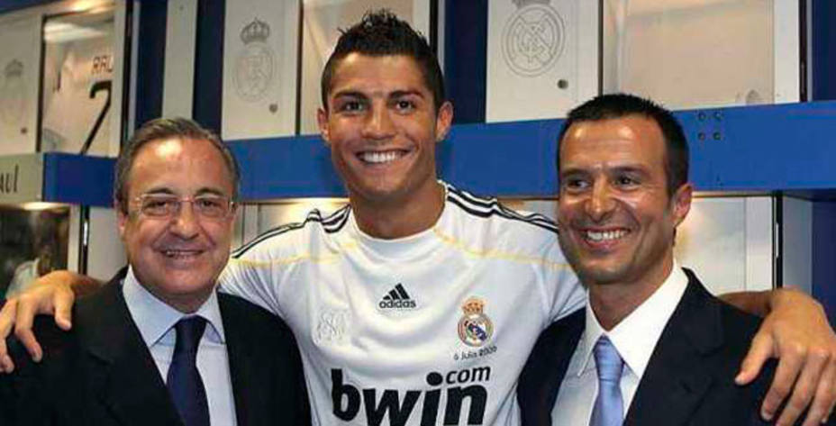 Florentino Pérez, Cristiano Ronaldo y Jorge Mendes, representante de Cristiano y Falcao
