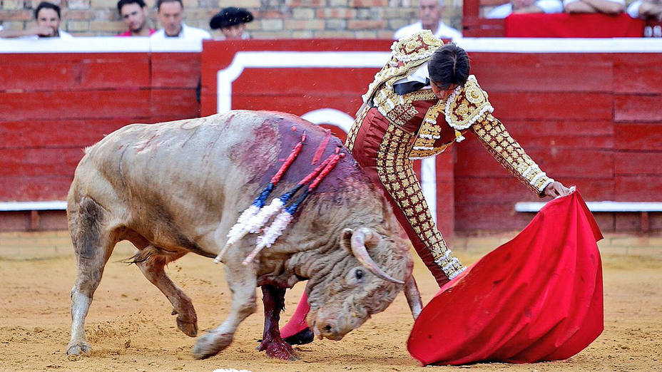 Miguel Ángel Perera toreando al natural a Sereno, el toro de Torrealta indultado en Huelva