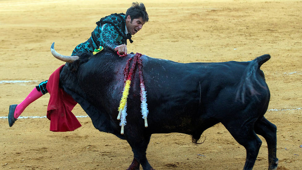 Cayetano entrando a matar a uno de sus toros este viernes en Ciudad Real