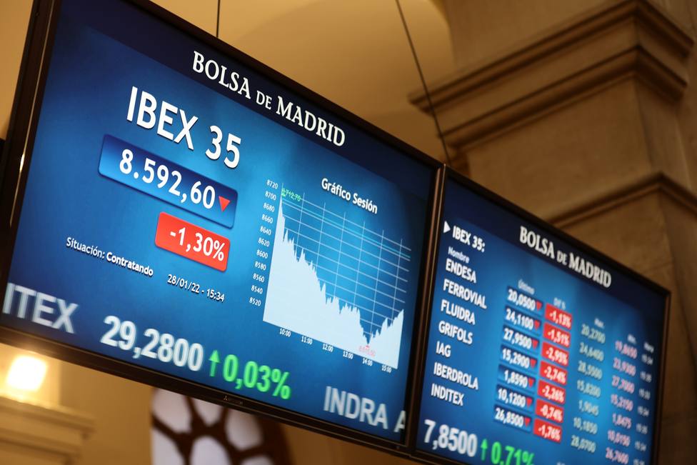 Panel del Ibex 35 en la Bolsa de Madrid