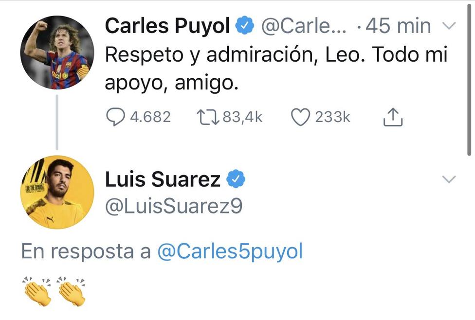 Luis Suárez y Puyol muestran su apoyo a Messi tras el anuncio de su salida
