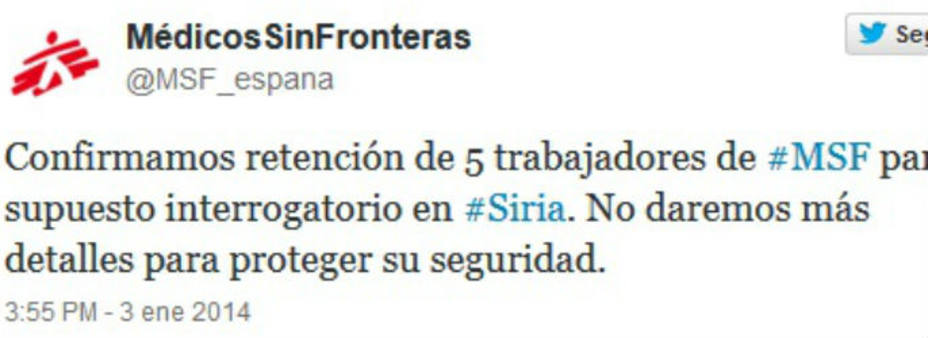 Confirmación de MSF a través de Twitter del secuestro de sus trabajadores en Siria / Captura