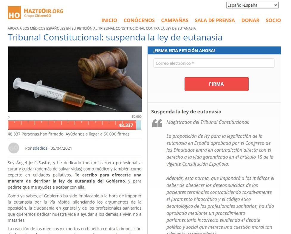 Más de 48.000 personas piden al Tribunal Constitucional la suspensión cautelar de la ‘ley de la eutanasia’