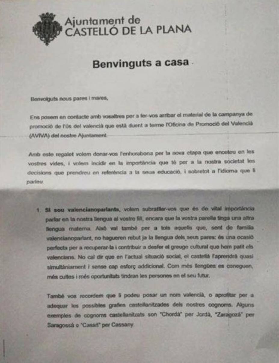 Carta enviada por el Ayuntamiento de Castellón