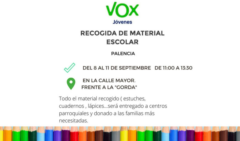 VOX Jóvenes Palencia recogerá material escolar para donarlo a las familias más necesitadas