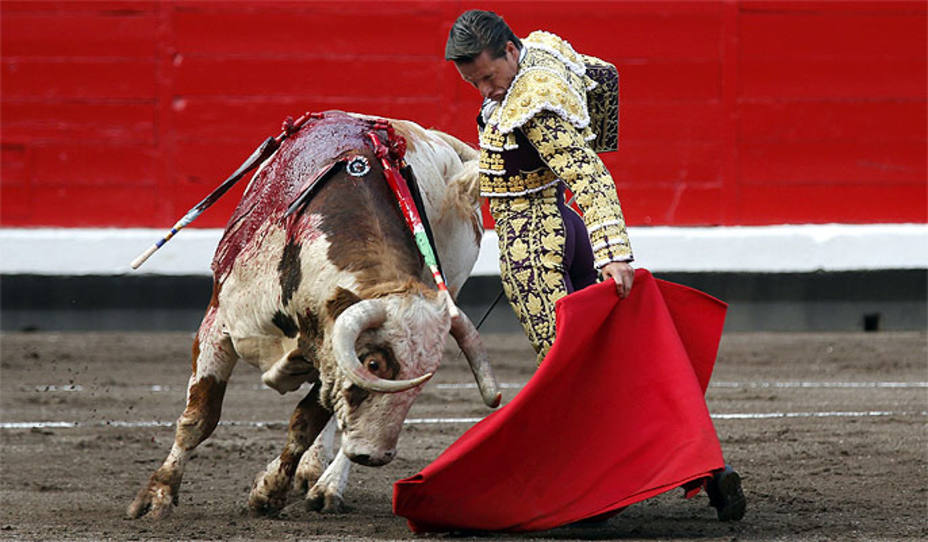 Diego Urdiales anteAtrevido?, el bravo ejemplar de Alcurrucén al que ha desorejado este miércoles en Bilbao. EFE