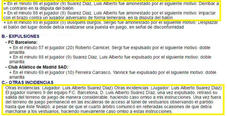 Gil Manzano escribió esto en el acta sobre la expulsión de Luis Suárez.