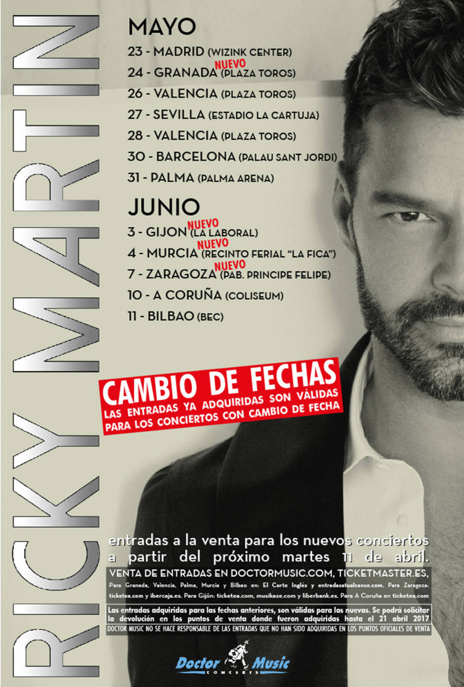 Nuevo cartel de la gira española de Ricky Martin