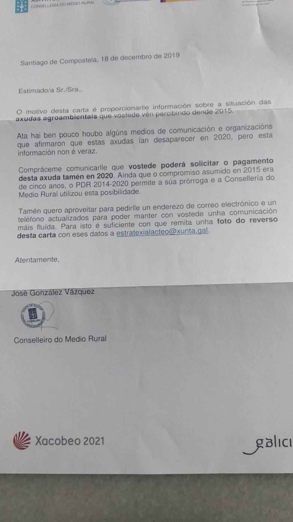 UU.AA acusa a la Xunta de electoralismo por la carta para informar de la prórroga en ayudas agroambientales
