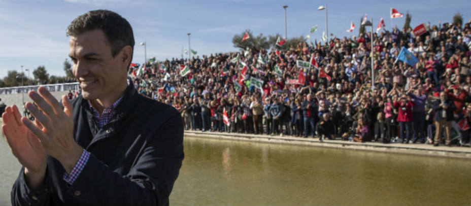 El exsecretario general del PSOE Pedro Sánchez aplaude en el Parque Tecnológico de Dos Hermanas (Sevilla). EFE