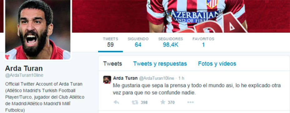 Mensaje de Arda Turan en su cuenta de Twitter