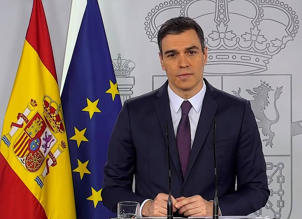 Pedro Sánchez durante la rueda de prensa en la que anuncia una prórroga del Estado de Alarma por un mes