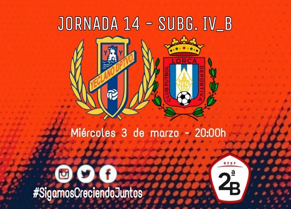 Yeclano Deportivo - CF Lorca Deportiva, miércoles 3 de marzo a las 20.00 horas